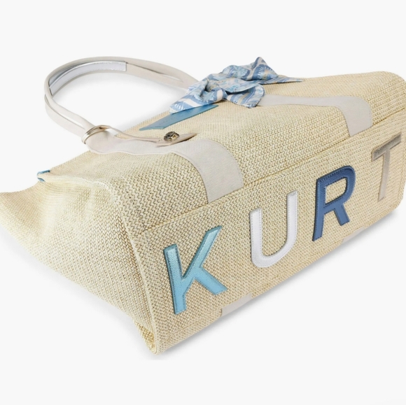 NEW Kurt Geiger Large Southbank Zip Top Shopper: Woven Beige W/ Blue Tones - Picture 5 of 15